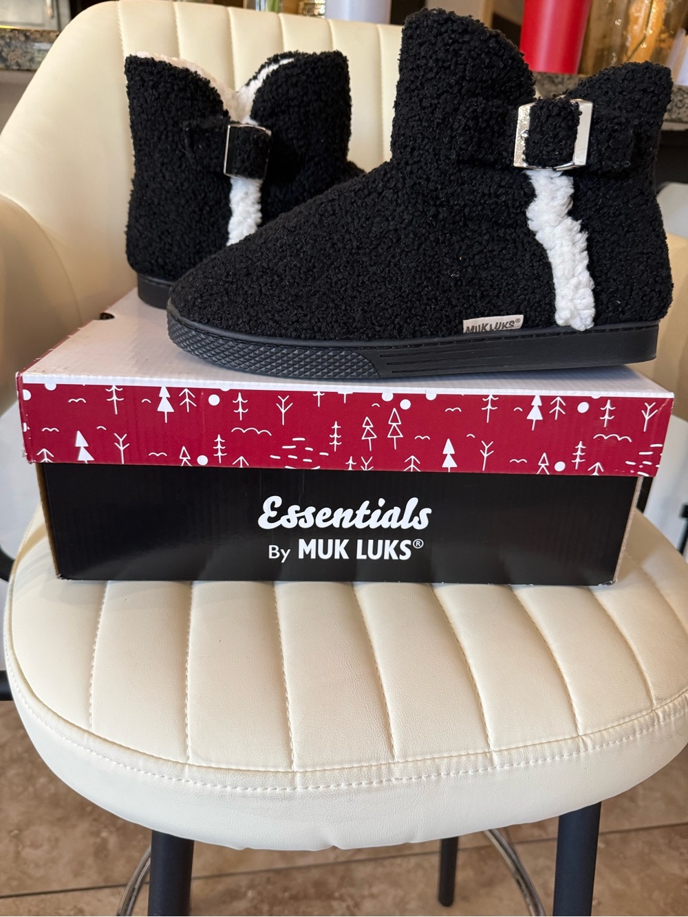 Muk Luks Black Sherpa Ankle Slip-On Boots with White Trim